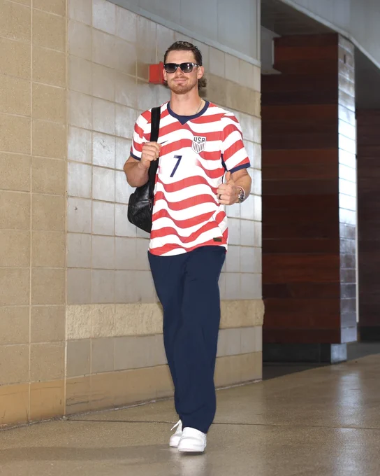 Bobby Witt Jr. arrives to Kauffman Stadium wearing a US Men’s National Team kit. (Photo by Tanner Gatlin/Major League Baseball)