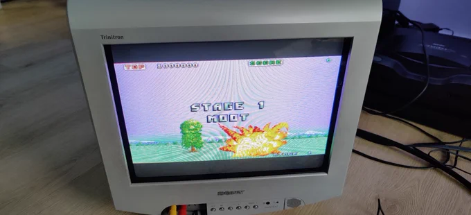 Sega 32X running Stage 1 of Space Harrier on a Sony Trinitron CRT, confirming the switchless auto-hertz mod works on the PAL Mega Drive.