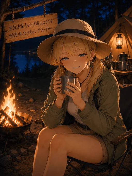 【例①お昼のBBQ】
☆ChatGPT用日本語プロンプト
添付画像の女の子を参考に、夜の湖畔キャンプで焚き火の横に座っているイラストを作って。
女の子は折りたたみチェアに座り、両手で金属のカップを包むように持って、目を細めながらリラックスした表情でこちらを見ている。手前に焚き火、奥にランタンで照らされたテントとキャンプ道具。焚き火の暖色光と夜の青い空気のコントラストを出す。

★その他イラスト生成AI用英語プロンプト
night lakeside campsite, dark forest silhouettes, warm campfire burning in the foreground, beige tent and lantern-lit camping table in the background, one girl sitting on a folding camp chair near the fire, holding a metal cup with both hands, wearing a loose outdoor jacket over camping clothes, relaxed expression, half-closed eyes, looking toward viewer as if talking softly, warm orange firelight on face and clothes, cool blue night background, calm cozy camping mood