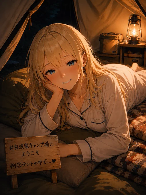 【例①お昼のBBQ】
☆ChatGPT用日本語プロンプト
添付画像の女の子を参考に、夜のテントの中でパジャマ姿で横になっているイラストを作って。
寝袋とブランケットの上でうつ伏せになり、片手で頬杖をつきながら、こちらを見て優しく微笑んでいる。背景にはランタン、収納ボックス、キャンプ用品を置く。暖かいランタン光で、静かで落ち着いたキャンプの夜の雰囲気にする。

★その他イラスト生成AI用英語プロンプト
inside a tent at night, warm lantern light, cozy sleeping bag and camping blanket, camping gear and small lantern in the background, one girl lying on her stomach on a sleeping mat, resting cheek on one hand, wearing loose white pajamas with dark piping, smiling gently toward viewer, intimate relaxed camping sleepover mood, soft shadows, warm orange lighting, close-up composition, quiet nighttime atmosphere