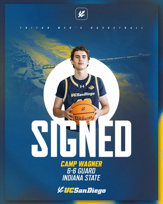 A person wearing a UC San Diego basketball jersey holds a basketball. The poster reads "SIGNED" in large letters. Below, it says "Camp Wagner, 6-6 Guard, Indiana State" with the UC San Diego logo.