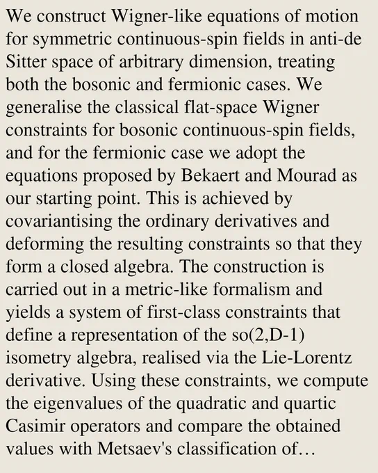 We construct Wigner-like equations of motion for symmetric continuous-spin fields in anti-de Sitter space of arbitrary dimension, treating both the bosonic and fermionic cases. We generalise the classical flat-space Wigner constraints for bosonic continuous-spin fields, and for the fermionic case we adopt the equations proposed by Bekaert and Mourad as our starting point. This is achieved by covariantising the ordinary derivatives and deforming the resulting constraints so that they form a closed algebra. The construction is carried out in a metric-like formalism and yields a system of first-class constraints that define a representation of the 𝔰𝔬(2,D-1) isometry algebra, realised via the Lie-Lorentz derivative. Using these constraints, we compute the eigenvalues of the quadratic and quartic Casimir operators and compare the obtained values with Metsaev's classification of continuous-spin representations for both the bosonic and fermionic cases. A crucial algebraic role is played by 