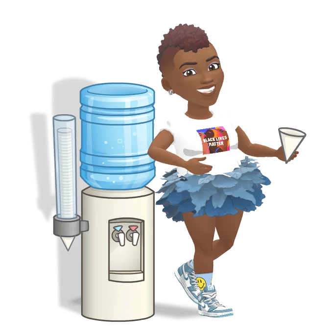 A bitmoji of me, a Black woman standing at a water cooler, wearing a white t-shirt that reads "Black Lives Matter" and a blue skirt made of leaves. 