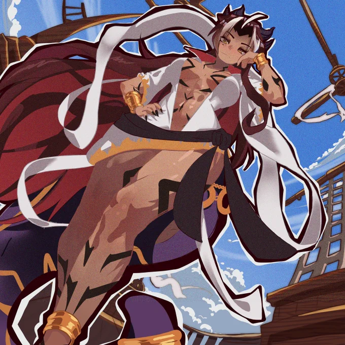 Stylized anime illustration of a horned character with long dark red hair reclining on the deck of a wooden ship. The character wears flowing white and dark robes with gold accessories, black markings across their body, and sheer fabric around the waist. Viewed from a dramatic low-angle perspective against a bright blue sky with clouds, they rest their head on one hand with a calm, confident expression while ribbons and hair flow in the wind. The ship's masts, ropes, and wooden structures frame the scene, creating a dynamic and majestic composition.