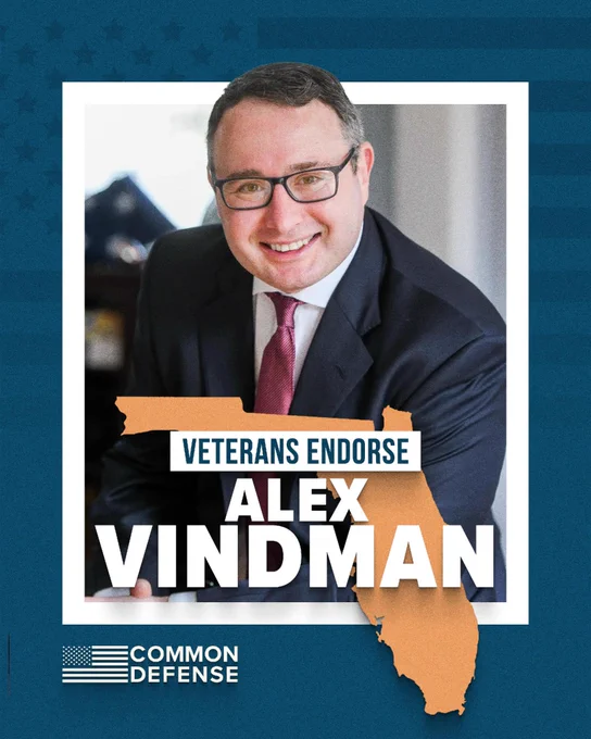 A person wearing glasses and a suit is smiling, with a graphic of Florida and text that reads "Veterans Endorse Alex Vindman." The logo for Common Defense is at the bottom.