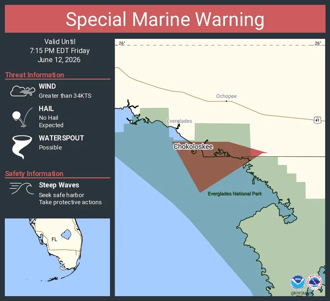 This graphic displays a special marine warning plotted on a map. The warning is in effect until 7:15 PM EDT. The warning includes coastal waters from East Cape Sable to Chokoloskee FL out 20 NM and coastal waters from Chokoloskee to Bonita Beach FL out 20 NM. The threats associated with this warning are wind gusts greater than 34kts and no hail expected.Waterspouts are possible. Steep waves can be expected. Seek safe harbor and take protective actions.