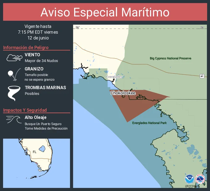 Este gráfico muestra la localización en el mapa de un Aviso Especial Marítimo. El aviso estará en efecto hasta las 7:15 PM EDT. El aviso incluye a Aguas costeras desde el Este Cabo Sable hasta Chokoloskee hasta 20 MN y Aguas costeras desde Chokoloskee hasta Playa Bonita hasta 20 MN. Las amenazas asociadas a este aviso son: ráfagas de vientos de mayor de 34 nudos yno se espera granizo. Las trombas marinas son posibles. Alto oleaje. Busque un puerto seguro y tome medidas de precaución.