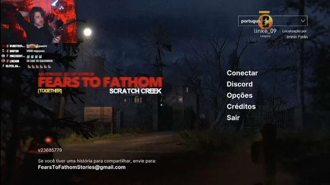 Screenshot of Cellbit's stream. His webcam is located on the top left, and the 'Fears to Fathom' starting screen is shown in the center.