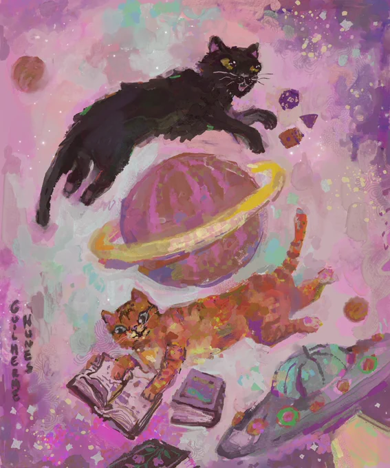 A painting depicts two cats orbiting a planet resembling Saturn; one is orange, reading books, and the other is black, playing RPG dice. There are other planets in the background and a UFO.