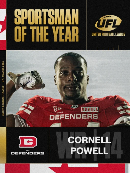 A strong visual celebrating the 'Sportsman of the Year' award by the United Football League in 2026. The player, wearing a DC Defenders jersey, exudes confidence and achievement.