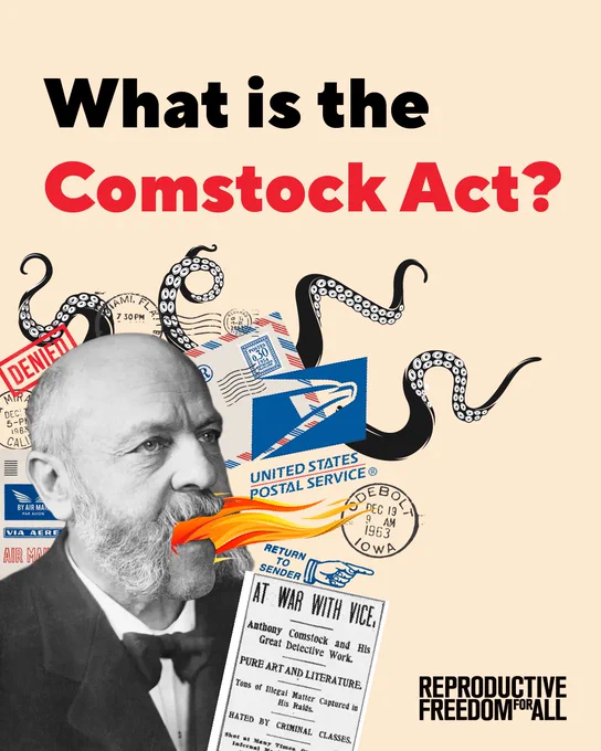 The image features a person with their mouth open, emitting various documents and illustrations related to the Comstock Act. Prominent items include snippets of the United States Postal Service logo, a "DENIED" stamp, and historical images. The question "What is the Comstock Act?" is written in bold at the top. The image includes the text "Reproductive Freedom for All" at the bottom.