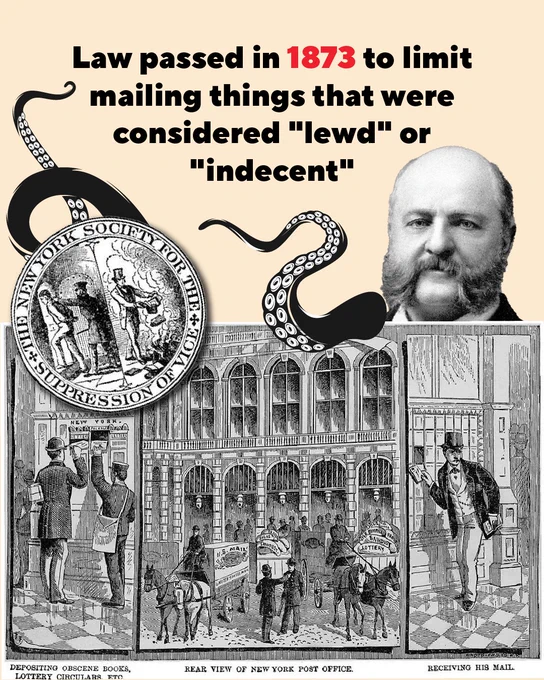 A vintage illustration features a person with a mustache and a seal of the New York Society for the Suppression of Vice. Tentacles extend from the seal. Below, a drawing depicts people in and around the New York Post Office. Text reads: “Law passed in 1873 to limit mailing things that were considered 'lewd' or 'indecent.'”