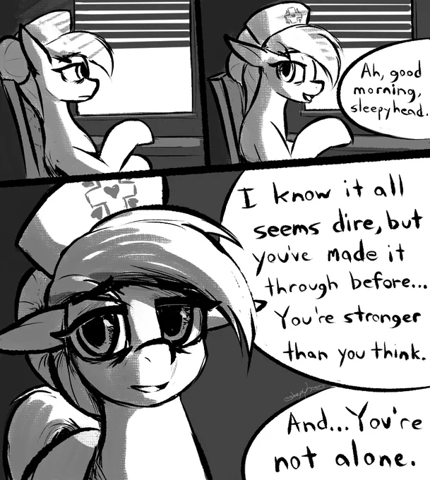 Nurse Redheart with some reassuring words. May SubscribeStar vote result.

Sometimes you need to say a little more than "get well soon", especially towards those who are genuinely having a hard time. Physical illness often brings mental despair.

As for art satisfaction... I think I'm coming back to my stride, though it feels like I've forgotten how to draw forward-facing faces. Then again, I felt the same way a year ago. 