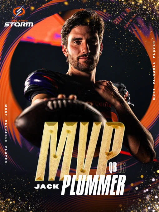 Dynamic sports graphic featuring Jack Plummer as the Most Valuable Player for the Orlando Storm, with a bold and energetic design.