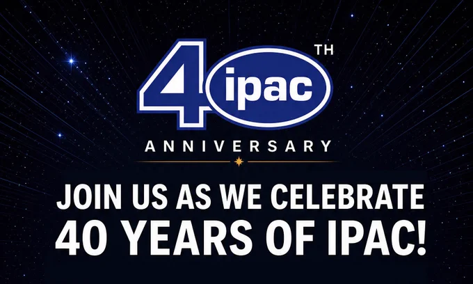 This image is a digital flyer for IPAC's 40th anniversary celebration happening on Wednesday, June 17 at the Pasadena Convention Center during the 248th meeting of the American Astronomical Society. The image says "Join us as we celebrate 40 Years of IPAC!" 