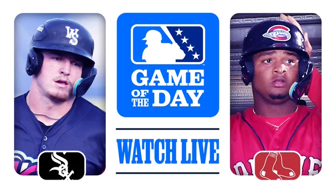 A graphic featuring White Sox prospect Caleb Bonemer and Red Sox prospect Enddy Azocar. Promotion for MiLB’s Free Game of the Day.