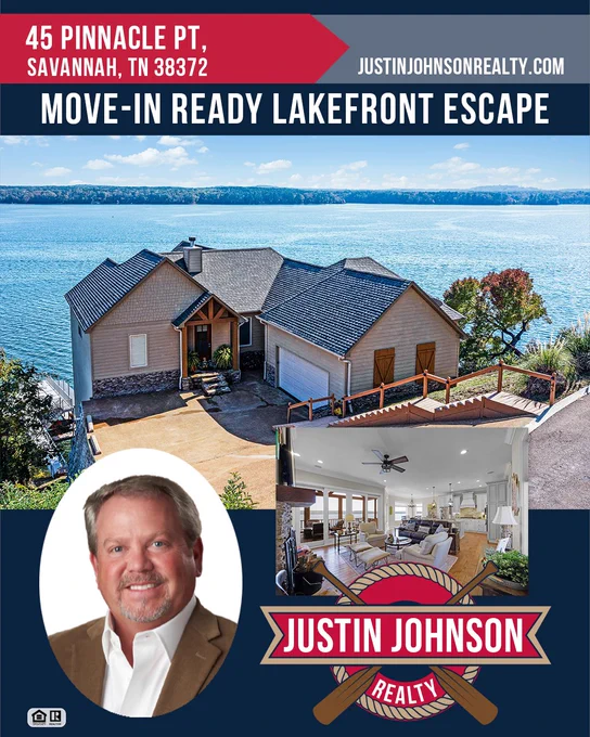 Real estate advertisement showcasing a lakefront home with stunning views, interior space, and realtor contact information. The mood is inviting and professional.