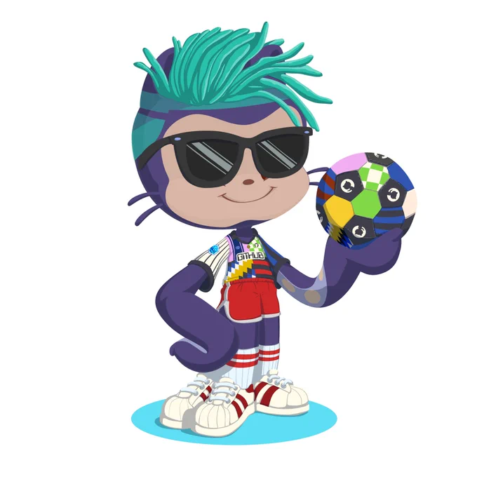 Octocat dressed in a sports outfit with a colorful hairstyle, wearing sunglasses and holding a colorful soccer ball.