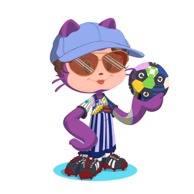 Octocat wearing a blue cap, sunglasses, and a striped sports outfit with red and black cleats, holding a colorful soccer ball.