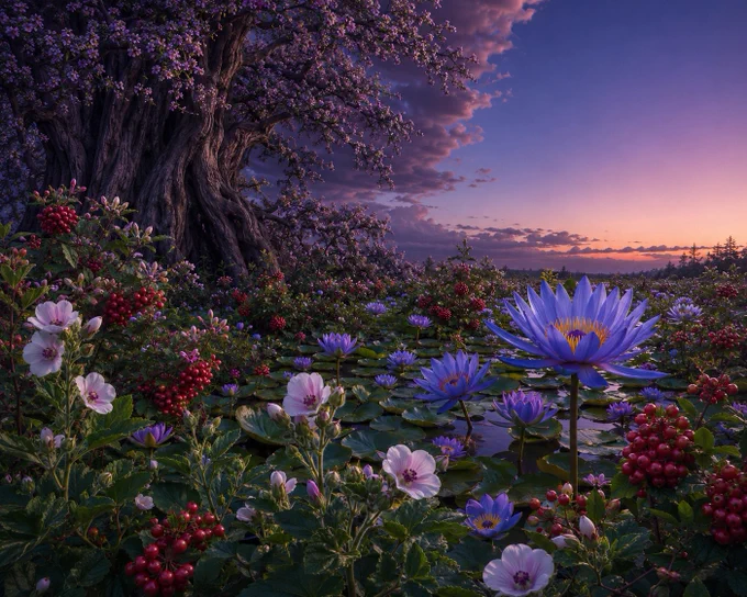 produce an image of Marsh Mallow plants growing in an area densely populated by blue lotus plants, cranberry bushes that have berry bunches and and also cranberry flower buds growing on them. On the right background, the sky is completely clear, with the luminosity immediately following sunset (not completely dark, but no sun directly visible on the horizon). On the left side of the background, an extremely large tree with tiny purple flowers growing on it towers above the scene, with its upper canopy blending into a massive and beautiful storm cloud.

Please put the cranberries on larger individual bushes, and make the cranberry bunches larger. Please add greater size variation between the blue lotuses. Please make the cranberry buds look more like the first attached picture. Please bring the tree that's in the left much closer to the foreground. Please also note the second attached picture is a picture of a marsh mallow plant to reference.