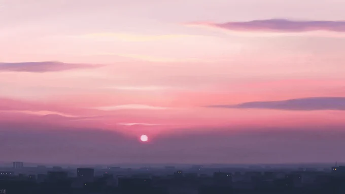 Digital painting of a sunrise over a city. The sun is in fact already high in the sky, just coming up over a layer of grey clouds. The sun is pink, and the rest of the sky is a pastel pink in consequence, with a few long, thin, purple clouds, and also white ones, scattered all over. The city is blue-grey, fogged up.