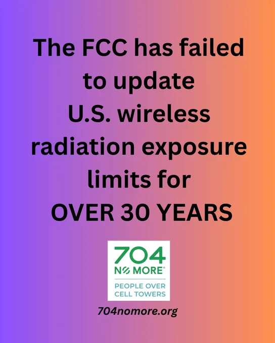 Informative graphic highlighting the FCC's lack of updates on wireless radiation exposure limits for over 30 years. The tone is critical and urgent.