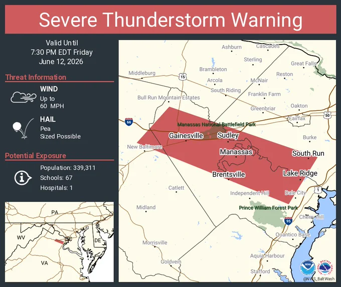 This graphic displays a severe thunderstorm warning plotted on a map. The warning is in effect until 7:30 PM EDT. The warning includes Lake Ridge VA, Manassas VA and Linton Hall VA.  This warning is for Southeastern Loudoun County in northern Virginia, Southwestern Fairfax County in northern Virginia, East central Fauquier County in northern Virginia, The City of Manassas Park in northern Virginia, Central Prince William County in northern Virginia and The City of Manassas in northern Virginia. The threats associated with this warning are wind gusts up to 60 MPH and pea sized hail. There are 339,311 people in the warning along with 67 schools and 1 hospital.