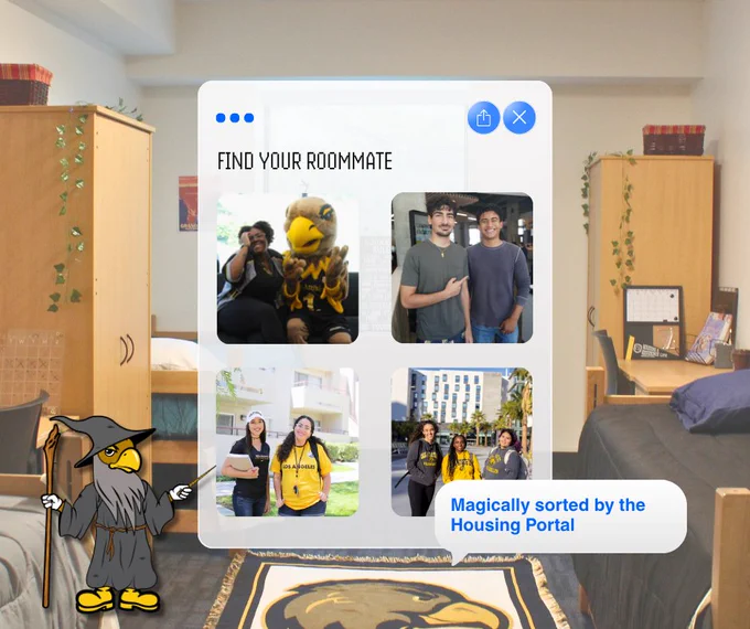 A collage of four student photos inside a mock app interface with the heading "Find Your Roommate." A cartoon wizard version of the Cal State LA eagle mascot stands in the lower left corner with a speech bubble that reads "Magically sorted by the Housing Portal." Background shows a furnished residence hall room. 