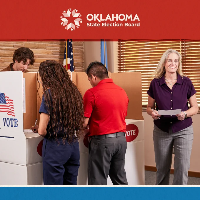 Photograph of people voting in their voting booths with a graphic of the Oklahoma State Election Board logo framing the top of the photograph.