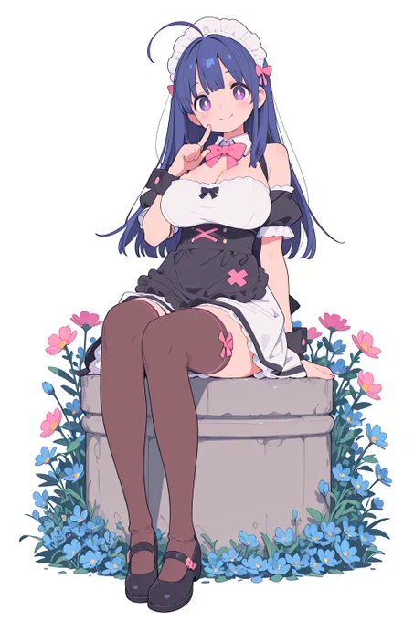 [人物＋衣装のタグの最後に下記を挿入]
ーーーーーーー
full body, sitting on object, object, (simple background, white background:1.3), wildflowers, [花の名前] \(flower\), [花の色] flower, field of flowers, mysterious garden, arabesque,
ーーーーーーー
※モデルによって構図が大きく変わるかもしれません