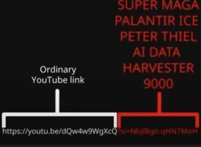 ordinary youtube link: youtu.be/[some letters]
SUPER MAGA PALANTIR ICE PETER THIEL AI DATA HARVESTER 9000: ?si=[more letters]