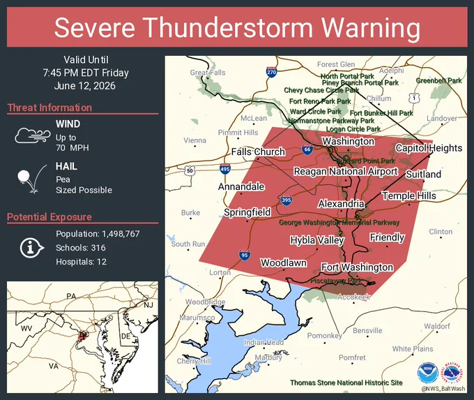 This graphic displays a severe thunderstorm warning plotted on a map. The warning is in effect until 7:45 PM EDT. The warning includes Washington DC, Arlington VA and Alexandria VA.  This warning is for The Central District Of Columbia, West Central Prince Georges, Arlington, and Southeastern Fairfax Counties, The Eastern City Of Falls Church and The City Of Alexandria. The threats associated with this warning are wind gusts up to 70 MPH and pea sized hail. There are 1,498,767 people in the warning along with 316 schools and 12 hospitals.