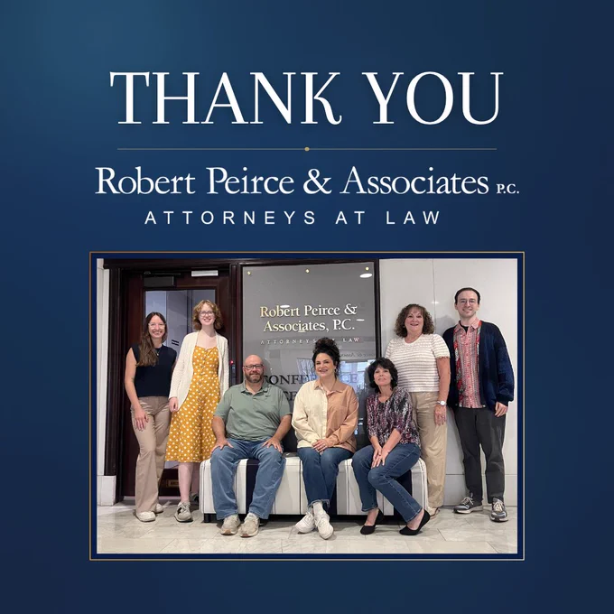 Recognition graphic thanking Robert Peirce & Associates, P.C. for directing more than $91,000 in cy pres funding to the Pennsylvania Legal Aid Network. The graphic includes the firm's logo and a group photo of attorneys and staff standing outside the firm's office.