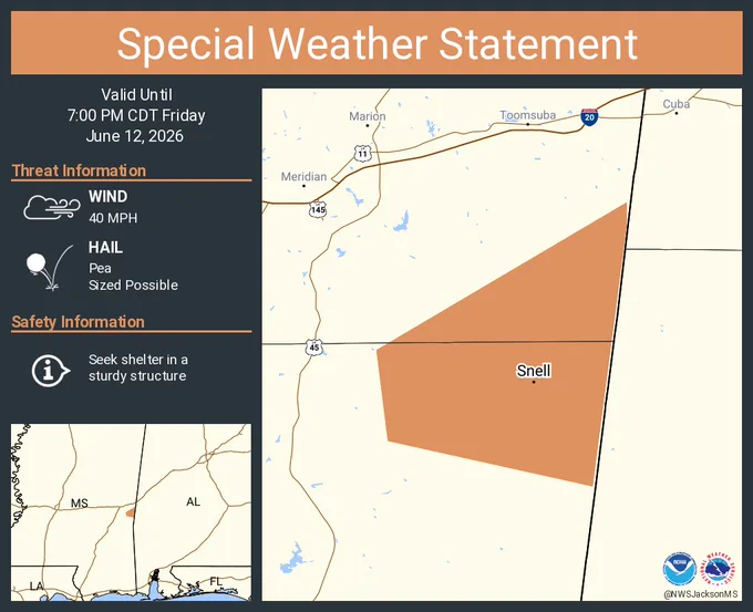 This graphic displays a special weather statement plotted on a map. The statement is in effect until 7:00 PM CDT.  The statement includes Snell MS.  A STRONG THUNDERSTORM WILL IMPACT NORTHEASTERN CLARKE AND SOUTHEASTERN LAUDERDALE COUNTIES THROUGH 700 PM CDT. The threats associated with this storm are wind gusts up to 40 MPH and pea sized hail. Seek shelter in a sturdy structure until the storm passes.