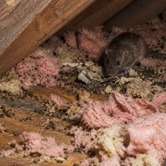 Rodent-infested attic with scattered droppings, damaged insulation, and a roof rat moving through contaminated attic space near wooden roof beams
