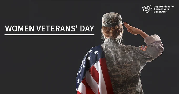 A woman wearing an army uniform faces away and salutes. Text, "Women Veterans' Day." OOD logo.