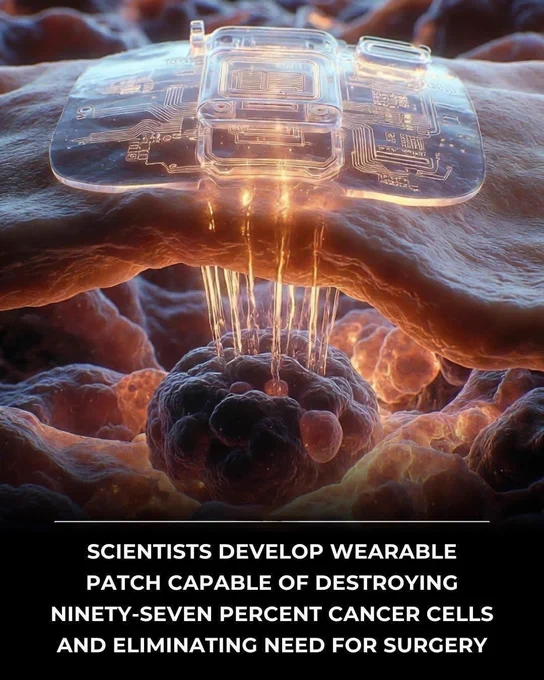 🚨 THIS SMALL PATCH COULD CHANGE CANCER TREATMENT FOREVER

Scientists have created a wearable patch that reportedly destroyed 97% of cancer cells during testing. Instead of major surgery, the patch uses targeted treatment to attack tumors directly.

Researchers say it could one day make some cancer treatments less invasive and easier for patients. The technology is still being studied, but the early results are already getting global attention.
A tiny patch… with the potential to completely change the future of cancer care.

Source: Zhou, Y., et al. Wearable ultrasound patch for localized cancer therapy. Science Advances.