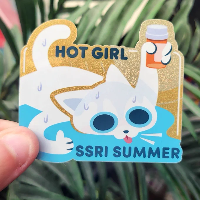 a stylized illustration of a white cat lying in a pool of sweat. One hand gives a thumbs up and the other holds up a bottle of anti-depressants on a yellow sunny background