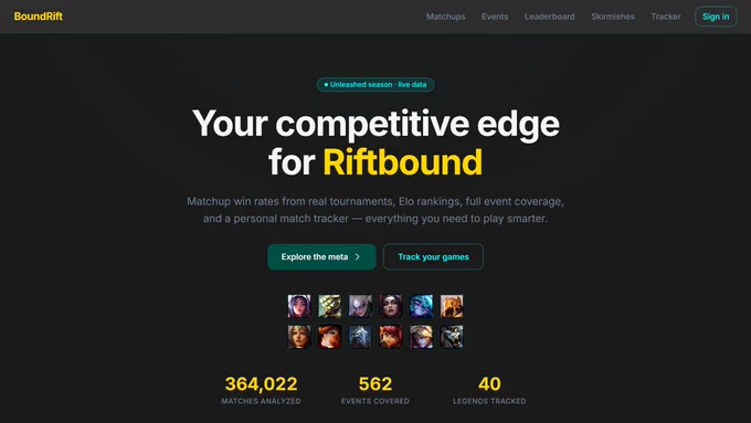 BoundRift home page: "Your competitive edge for Riftbound" with live stats — 364,022 matches analyzed, 562 events covered, 40 legends tracked.