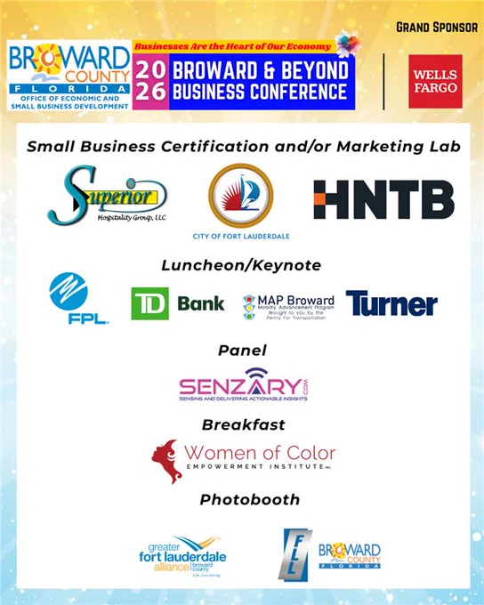 Broward & Beyond Business Conference Sponsors for multiple top tier levels including Grand Sponsor and Luncheon & Keynote Sponsors with logos 
