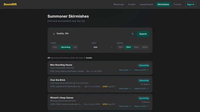 Skirmish Finder: search results for Seattle showing 49 upcoming Summoner Skirmishes with dates, venues, and average Elo.