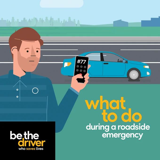 Graphic of a car with a flat tire on the shoulder of the road. The driver is on his phone in the grass away from the vehicle behind a guardrail. Bold text reads, “What to do during a roadside emergency.” 
Supporting text reads, “Be the driver.”