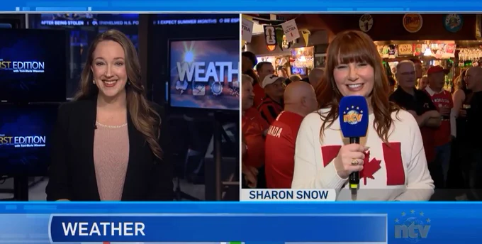 Amanda Mews anchors NTV News First Edition while Sharon Snow delivers the weather forecast.