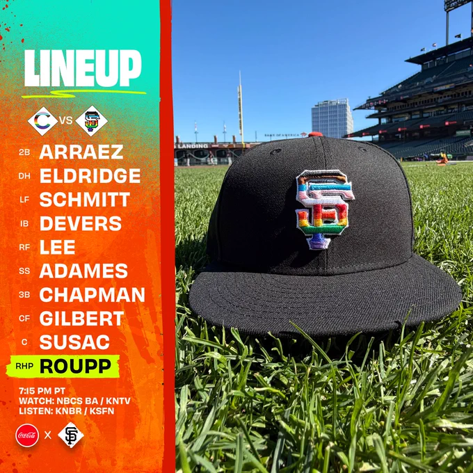 June 12 - SF vs. CHC
Luis Arraez - 2B
Bryce Eldridge - DH
Casey Schmitt - LF
Rafael Devers - 1B
Jung Hoo Lee - RF
Willy Adames - SS
Matt Chapman - 3B
Drew Gilbert - CF
Daniel Susac - C
RHP Landen Roupp