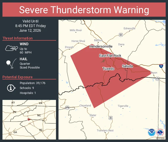 This graphic displays a severe thunderstorm warning plotted on a map. The warning is in effect until 8:45 PM EDT. The warning includes Hendersonville NC, East Flat Rock NC and Flat Rock NC.  This warning is for Southeastern Henderson County in western North Carolina, Southwestern Polk County in western North Carolina and North central Greenville County in Upstate South Carolina. The threats associated with this warning are wind gusts up to 60 MPH and quarter sized hail. There are 39,176 people in the warning along with 9 schools and 1 hospital.