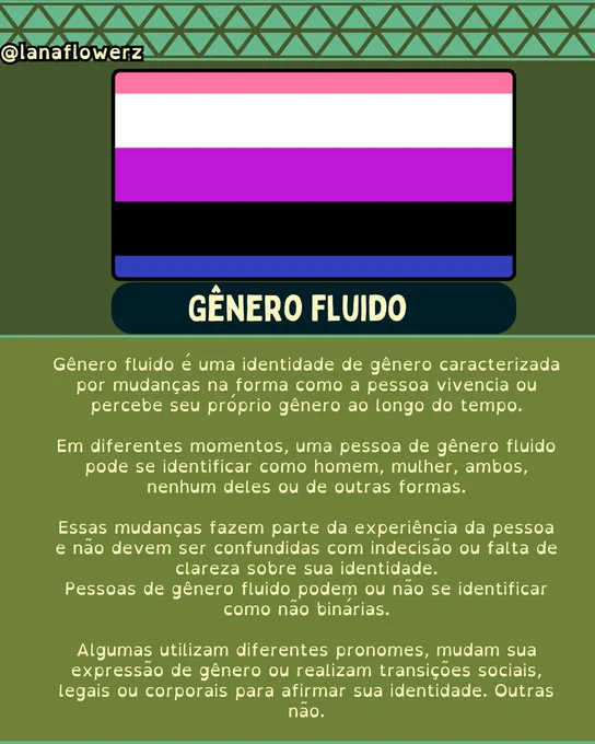 Gênero fluido 
Gênero fluido é uma identidade de gênero caracterizada por mudanças na forma como a pessoa vivencia ou percebe seu próprio gênero ao longo do tempo.
Em diferentes momentos, uma pessoa de gênero fluido pode se identificar como homem, mulher, ambos, nenhum deles ou de outras formas.
Essas mudanças fazem parte da experiência da pessoa e não devem ser confundidas com indecisão ou falta de clareza sobre sua identidade.
Pessoas de gênero fluido podem ou não se identificar como não binárias.
Algumas utilizam diferentes pronomes, mudam sua expressão de gênero ou realizam transições sociais, legais ou corporais para afirmar sua identidade. Outras não.