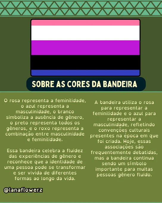 Sobre as cores da bandeira 
O rosa representa a feminilidade, o azul representa a masculinidade, o branco simboliza a ausência de gênero, o preto representa todos os gêneros, e o roxo representa a combinação entre masculinidade e feminilidade.
Essa bandeira celebra a fluidez das experiências de gênero e reconhece que a identidade de uma pessoa pode se transformar e ser vivida de diferentes formas ao longo da vida.
A bandeira utiliza o rosa para representar a feminilidade e o azul para representar a masculinidade, refletindo convenções culturais presentes na época em que foi criada. Hoje, essas associações são frequentemente debatidas, mas a bandeira continua sendo um símbolo importante para muitas pessoas gênero fluido.
