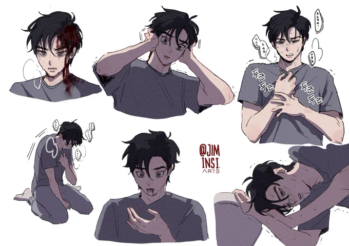 Kim Iwol whump colored sketch compilation where his head is bleeding, having a mental breakdown, having chest pains, coughing out blood, and being ill gripping onto the toilet