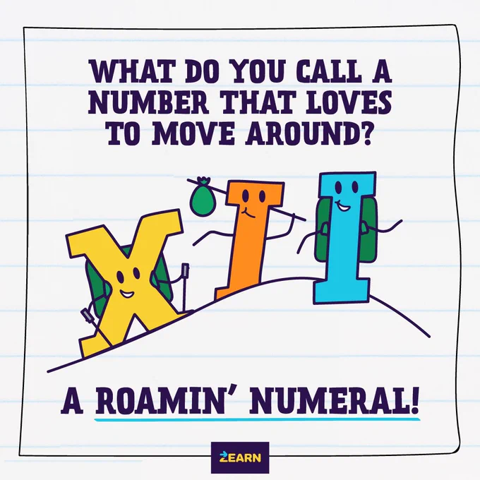 The image features a playful joke. Three cartoon Roman numerals, "X," "I," and "I," are depicted with faces and backpacks, standing on wavy lines. Text above them reads, "What do you call a number that loves to move around?" Below, it says, "A Roamin' Numeral!"