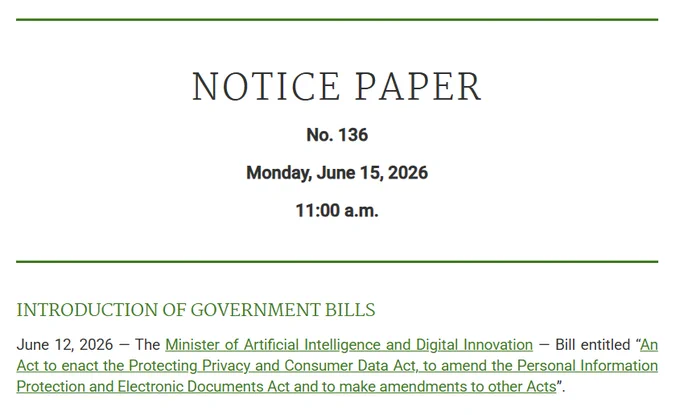 Notice Paper
No. 136

Monday, June 15, 2026

11:00 a.m.

Introduction of Government Bills
June 12, 2026 — The Minister of Artificial Intelligence and Digital Innovation — Bill entitled “An Act to enact the Protecting Privacy and Consumer Data Act, to amend the Personal Information Protection and Electronic Documents Act and to make amendments to other Acts”.